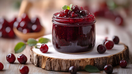 Top view of a jar filled with wild berry jam on a white wooden surface