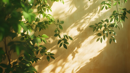 Beige Studio Background with Sunlight and Greenery