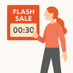 Flat Style Young Woman Pointing at Flash Sale Promotion Sign Illustration