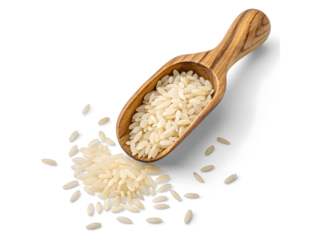 Hand holding spoon with pouring rice in bowl isolated on white or transparent background