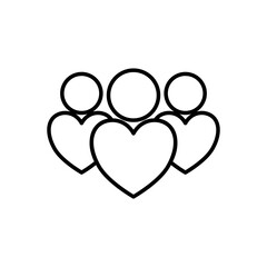 Three outlined person icons with hearts, symbolizing friendship, love, support, and positive relationships. Ideal for concepts of community, partnership, or emotional bonds