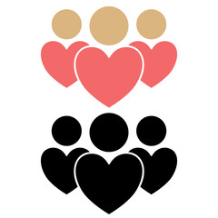 Three outlined person icons with hearts, symbolizing friendship, love, support, and positive relationships. Ideal for concepts of community, partnership, or emotional bonds