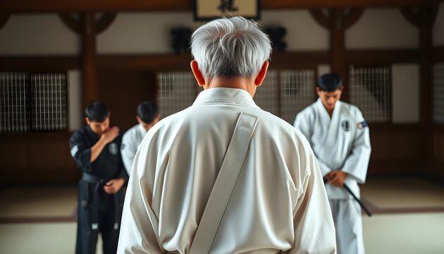 Martial arts training session dojo photography indoor rear view discipline and respect