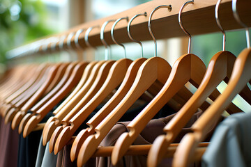 Collection of neatly arranged suits and shirts on wooden hangers in a professional wardrobe setting