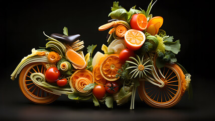 Creative arrangement of fruits and vegetables around a bicycle symbolizing health and sustainability