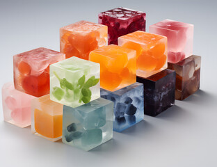 Colorful fruit and herb infused ice cubes stacked creatively for refreshing summer drinks