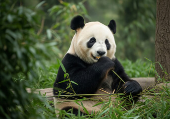 Fototapeta premium panda géant dans une forêt de bambous