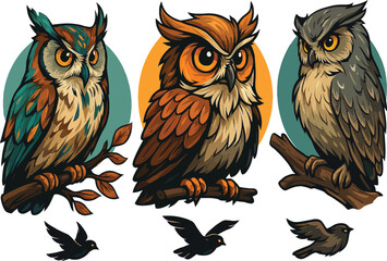 Cute cartoon owls sitting in a nest on a tree branch at night