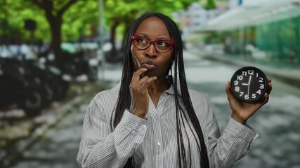 Woman with red glasses and striped shirt holds a clock while standing on an urban street with green trees, evoking a thoughtful expression and time management theme. - Powered by Adobe