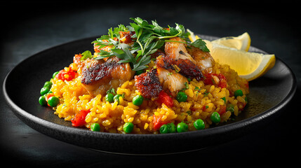 Fototapeta premium chicken Paella on dark black plate