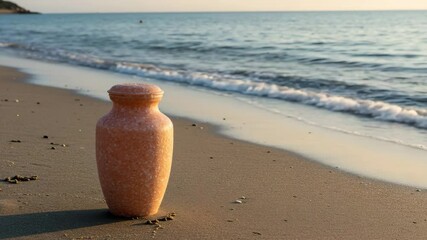 Pink salt mortuary urn on wet sand beach at sunset. Biodegradable urn for ecological funeral programs, memorial cards, or sympathy websites.