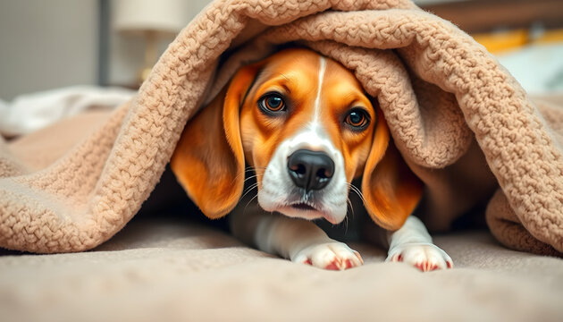 Cozy beagle dog under blanket home pet photography indoor close-up comfort
