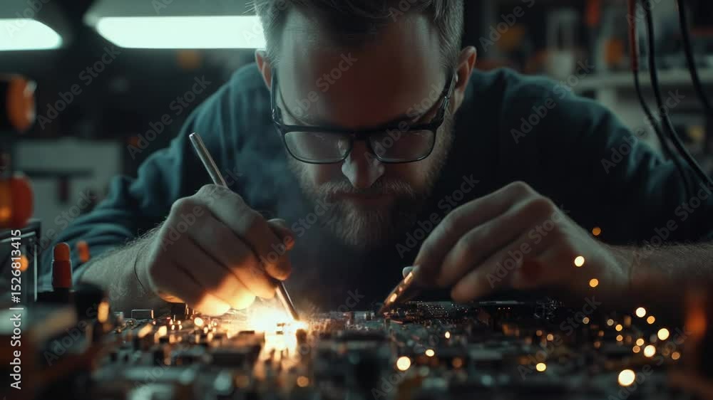 Poster a person assembling electronic components on a circuit board