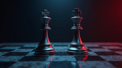 Two black chess king pieces stand on chessboard as metaphor for strategy and power in dramatic low light setting with blue and red tones