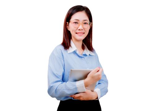 A young woman with glasses wearing a striped shirt and black skirt holds a tablet confidently, smiling slightly. - Powered by Adobe