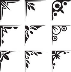 Set of vintage floral corner ornaments. Elegant baroque frame decorations in black vector for invitations, borders