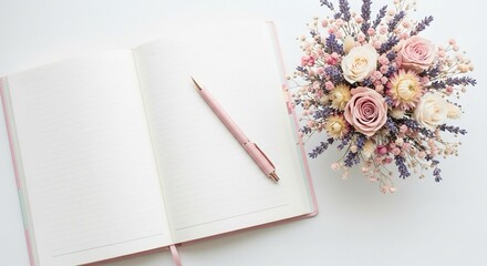 Lifelong Learning - Overhead view of a stylish desk featuring a journal and dried flowers, ideal for lifestyle and workspace inspiration.