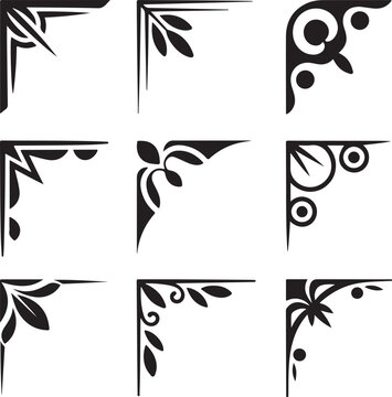 Set of vintage floral corner ornaments. Elegant baroque frame decorations in black vector for invitations, borders