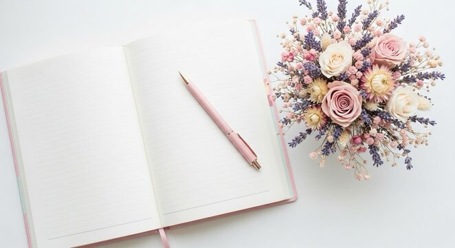Lifelong Learning - Overhead view of a stylish desk featuring a journal and dried flowers, ideal for lifestyle and workspace inspiration.