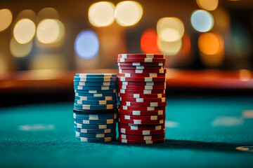 Stacks of poker chips standing on casino table with blurred lights