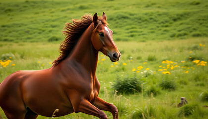 Obraz premium Galloping horse in a meadow nature photography vibrant green landscape close-up view