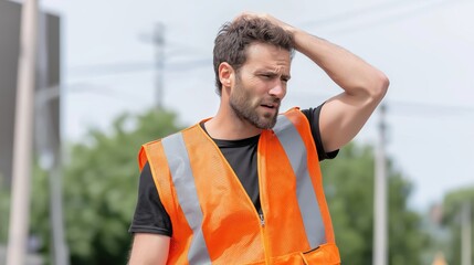 Male construction worker in bright orange safety vest stands outdoors, looking concerned while holding his head, surrounded by greenery and urban infrastructure, reflecting on a challenging situation