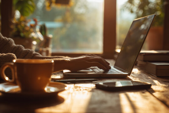 Over-the-shoulder shot of hands on laptop at cozy desk with clean white workspace setup