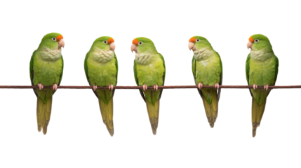 Five Green Parakeets Perched on a Brown Wire