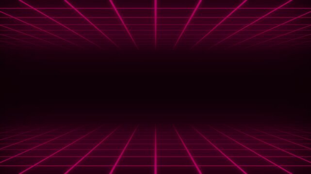 red neon grid Retro 80s style animation tunnel, lighting glowing bright lines background, seamless loop illusion space background