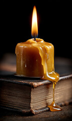 Lifelong Learning - A candle melts on a closed book, with wax shaping steps on the spine, embodying time and self-study in dramatic chiaroscuro lighting.