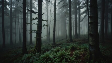 Fototapeta premium Misty Forest Scene with Tall Trees and Lush Green Ferns Creating a Mysterious Natural Atmosphere