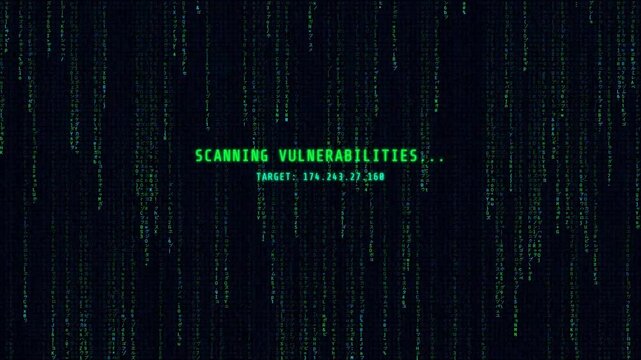 Cinematic hacking sequence with digital rain and status messages. Shows the full process: scanning, access denied, bypass, access granted, and data download. - Powered by Adobe