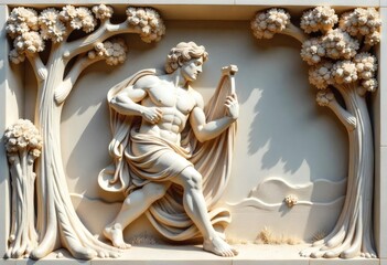 Fototapeta premium A marble relief of Apollo, the god of music and light, playing a lyre in a laurel forest during a bright spring day, depicted in ancient Greek mythology.