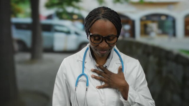 Woman outdoors smiling with hand on chest wearing glasses with stethoscope on street in urban cityscape background.