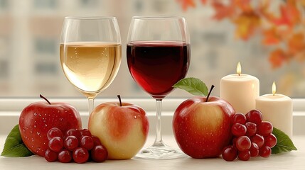 Autumn Wine Setting with Red and White Wine, Apples, Grapes, and Candles by a Window