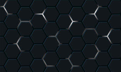 Dark hexagon abstract technology background with black and white bright flashes under the hexagon. Hexagon game vector technology illustration on black abstract background.modren.