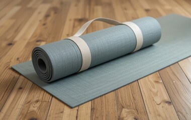 Rolled yoga mat with strap on wooden floor for fitness and relaxation