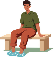 Young man sitting on wooden bench with feet in water relaxing in casual outfit vector illustration 