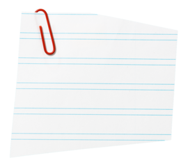 Piece of blank lined Paper note with red paper clip cut out. Mockup template Design