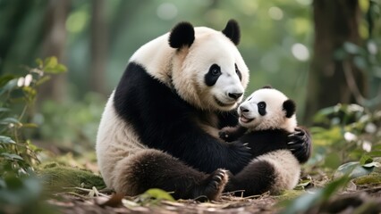 Fototapeta premium A heartwarming image of a mother panda tenderly embracing her adorable cub in a lush forest setting, showcasing the beauty of wildlife and maternal love .