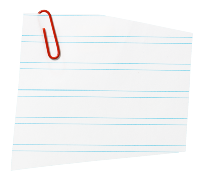 Piece of blank lined Paper note with red paper clip cut out. Mockup template Design