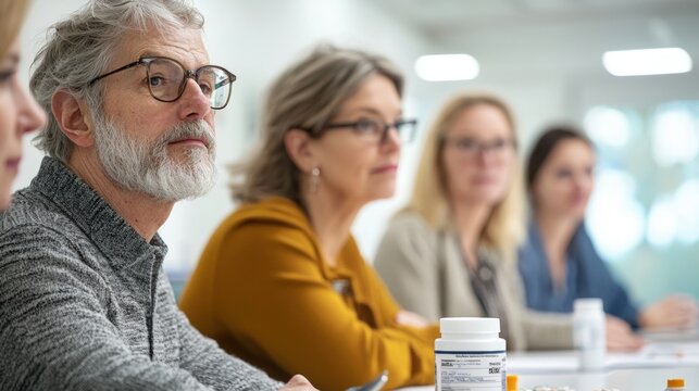 Attentive senior man in a group meeting healthcare focus