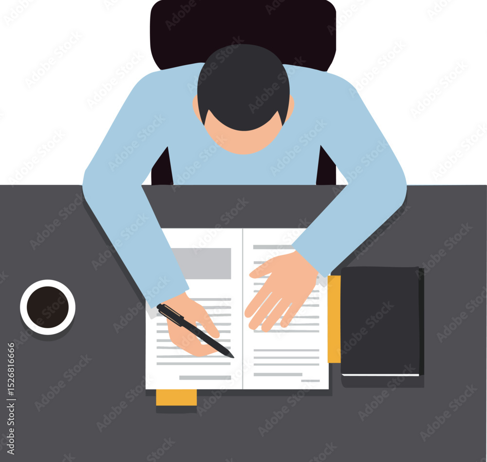 Poster man writing notes at desk with coffee cup and notebook top view illustration for work or study envir