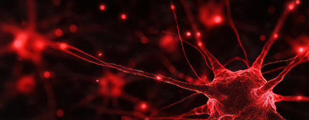 Closeup of glowing red network connections. Abstract background for science, neuroscience, digital technology. 