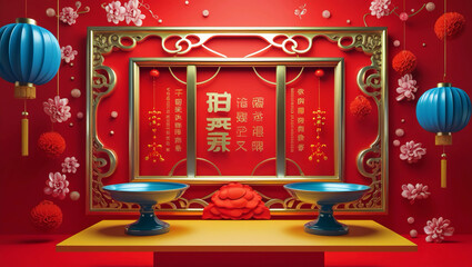Standing out on a red background with a window frame is a Chinese Lunar New Year theme shot.  On the yellow tabletop, two empty pedestals are positioned side by side.  Front view, text space