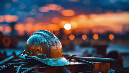 A lovely picture of a civil construction engineering helmet at sunset
