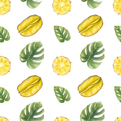 Tropical watercolor seamless pattern with carambola slices, pineapple rings and monstera leaves isolated background. Fruit and tropical leaves for summer packaging, healthy food branding, resort decor
