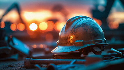 A lovely picture of a civil construction engineering helmet at sunset