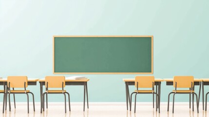 Empty classroom green chalkboard wooden desks and chairs