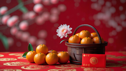 Celebrate Chinese and Lunar New Year with a vibrant flat-lay background featuring essential festive items on bold red wallpaper—highlighting a wooden basket filled with lucky oranges, a delicate flowe